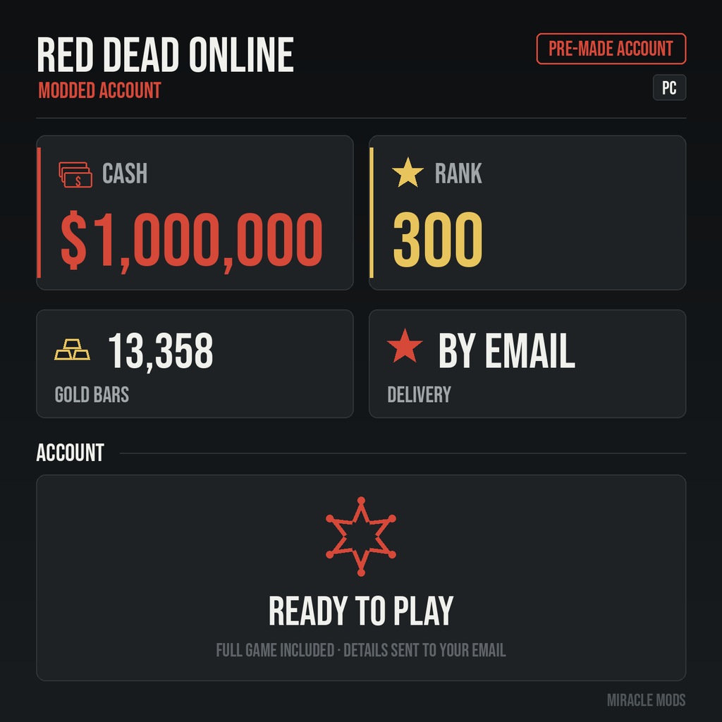 (PC) Red Dead Redemption 2 Modded Account Pre-Made Rank 300 1 Million Cash + 13,358 Gold Bars (PC) Red Dead Redemption 2 Modded Account Pre-Made Rank 300 1 Million Cash + 13,358 Gold Bars