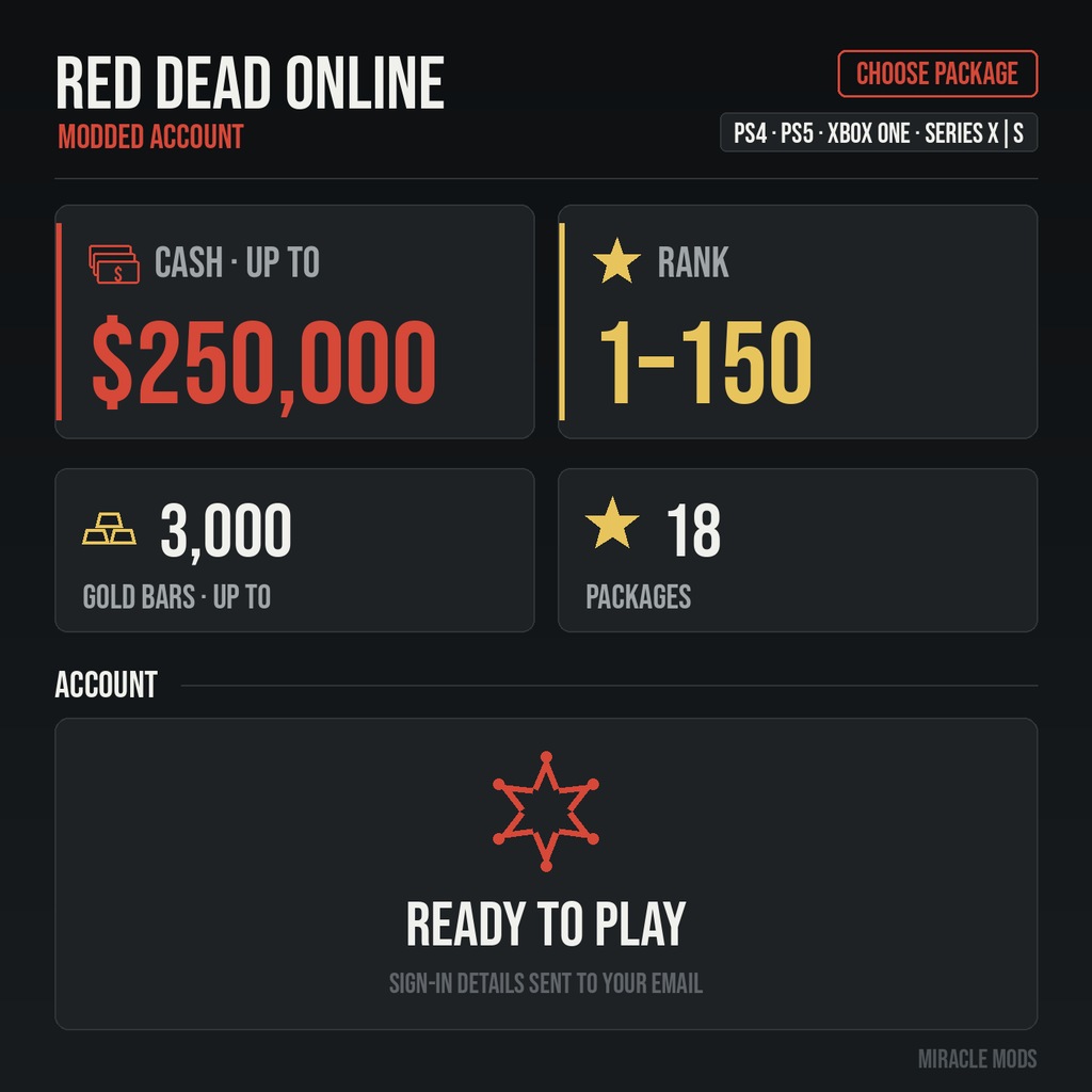 (PS/Xbox) Red Dead Online Pre-Made Modded Accounts | Rank, Cash and Gold Bars (PS/Xbox) Red Dead Online Pre-Made Modded Accounts | Rank, Cash and Gold Bars