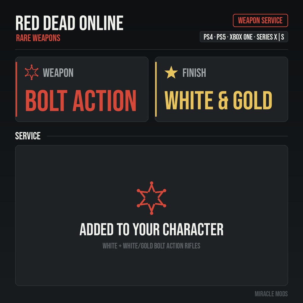 (PS/Xbox) Red Dead Online White & White/Gold Bolt Action Rifles (PS/Xbox) Red Dead Online White & White/Gold Bolt Action Rifles