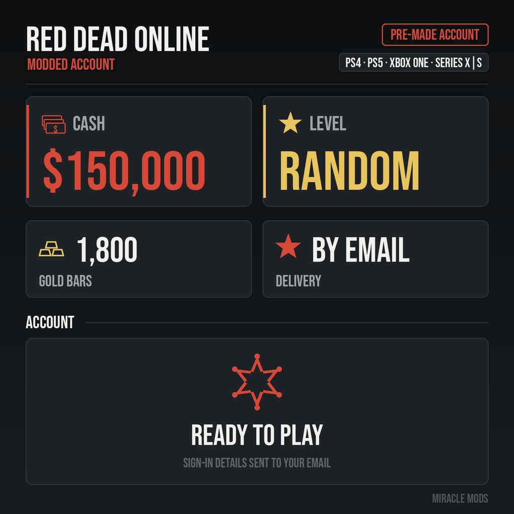 (PS/Xbox) Red Dead Redemption 2 Modded Account Pre-Made Random Level 150,000 Cash + 1800 Gold Bars (PS/Xbox) Red Dead Redemption 2 Modded Account Pre-Made Random Level 150,000 Cash + 1800 Gold Bars
