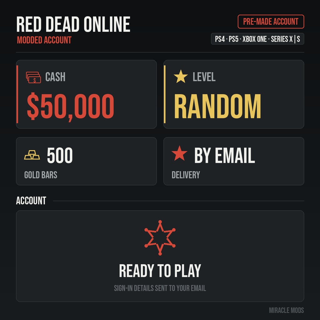 (PS/Xbox) Red Dead Redemption 2 Modded Account Pre-Made Random Level 50,000 Cash + 500 Gold Bars (PS/Xbox) Red Dead Redemption 2 Modded Account Pre-Made Random Level 50,000 Cash + 500 Gold Bars