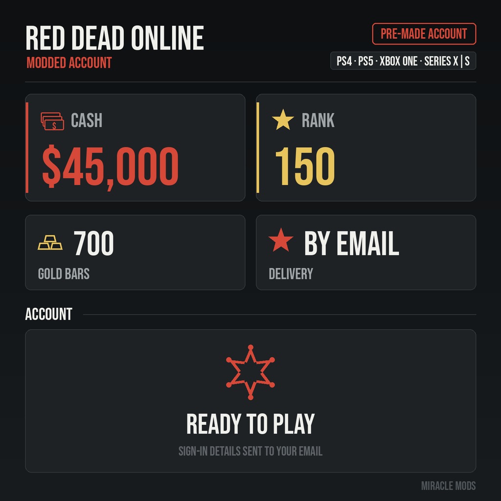 (PS/Xbox) Red Dead Redemption 2 Modded Account Pre-Made Random Rank 150 45,000 Cash + 700 Gold Bars (PS/Xbox) Red Dead Redemption 2 Modded Account Pre-Made Random Rank 150 45,000 Cash + 700 Gold Bars