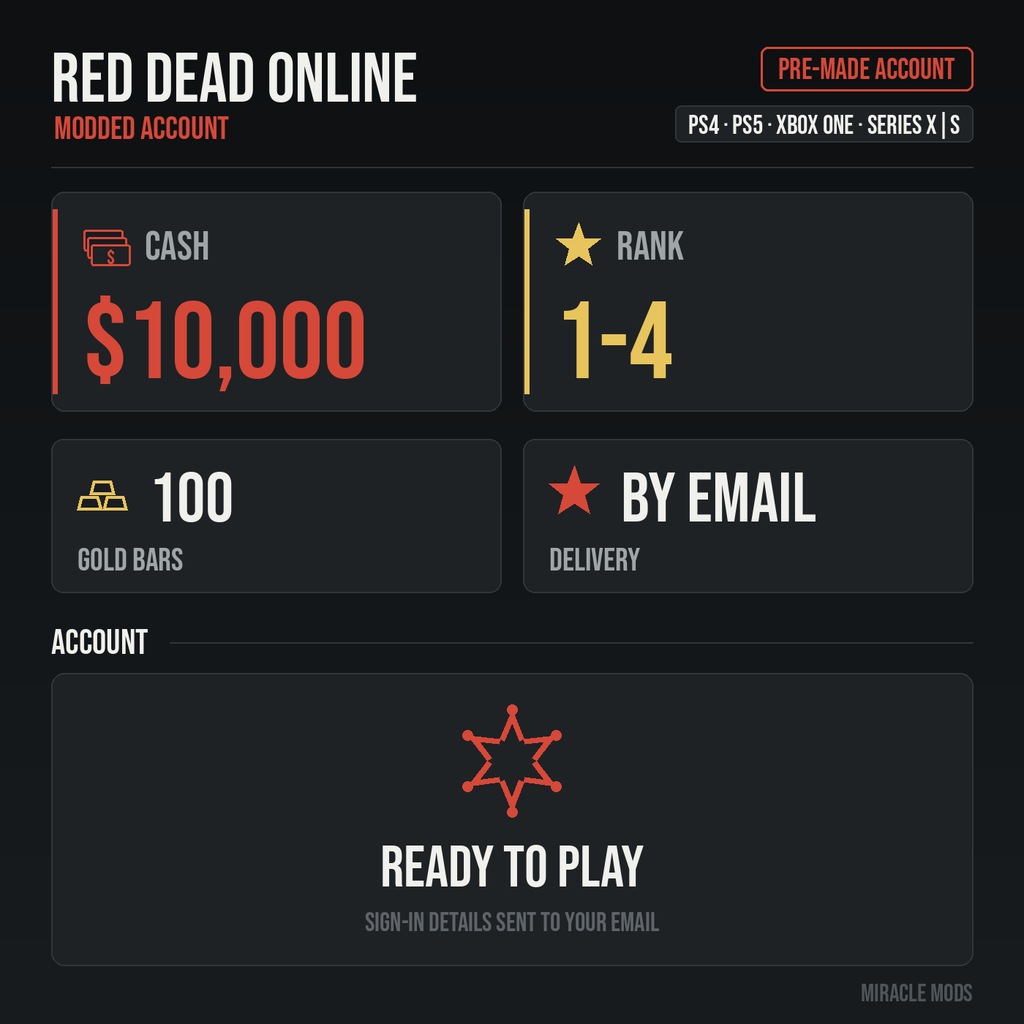 (PS/Xbox) Red Dead Redemption 2 Modded Account Pre-Made Rank 1-4 10,000 Cash + 100 Gold Bars (PS/Xbox) Red Dead Redemption 2 Modded Account Pre-Made Rank 1-4 10,000 Cash + 100 Gold Bars