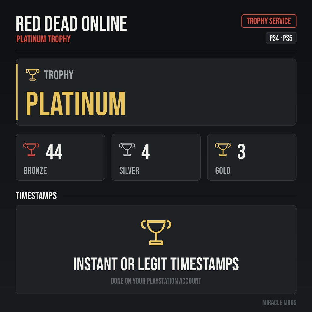 Red Dead Redemption 2 Platinum Trophy | PS4/PS5 | Instant or Legit Timestamps Red Dead Redemption 2 Platinum Trophy | PS4/PS5 | Instant or Legit Timestamps