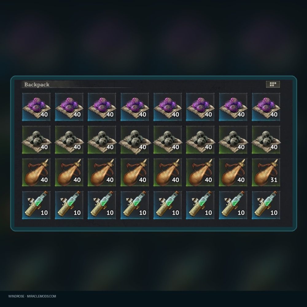 Windrose — Bullet Pack (640x) · Gunpowder (320x) · Elixirs (80x) Windrose bullet pack with gunpowder and elixirs