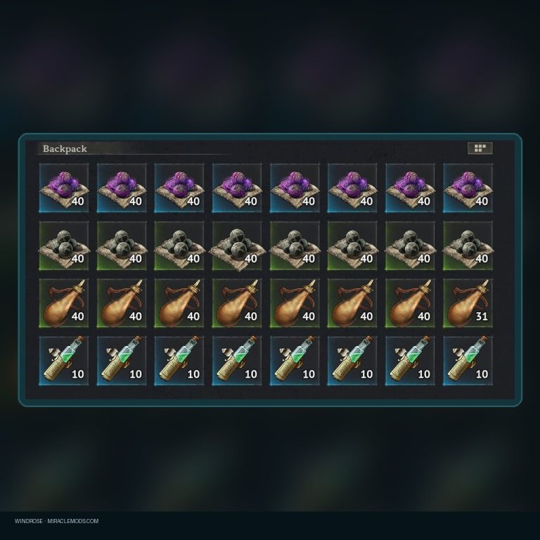 Windrose — Bullet Pack (640x) · Gunpowder (320x) · Elixirs (80x) Windrose bullet pack with gunpowder and elixirs